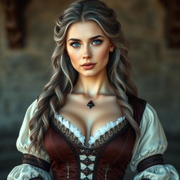 A busty beautiful slender European elegant woman with very large tender push-upped breasts, long soft layers of ash grey hair, and very bright turquoise eyes