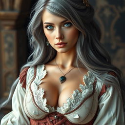 A busty beautiful slender European elegant woman with very large tender push-upped breasts, long soft layers of ash grey hair, and very bright turquoise eyes