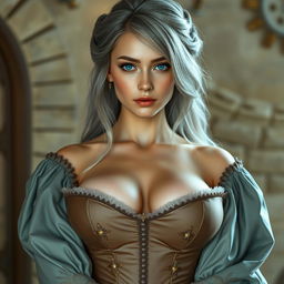 A busty beautiful slender European elegant woman with very large tender push-upped breasts, long soft layers of ash grey hair, and very bright turquoise eyes