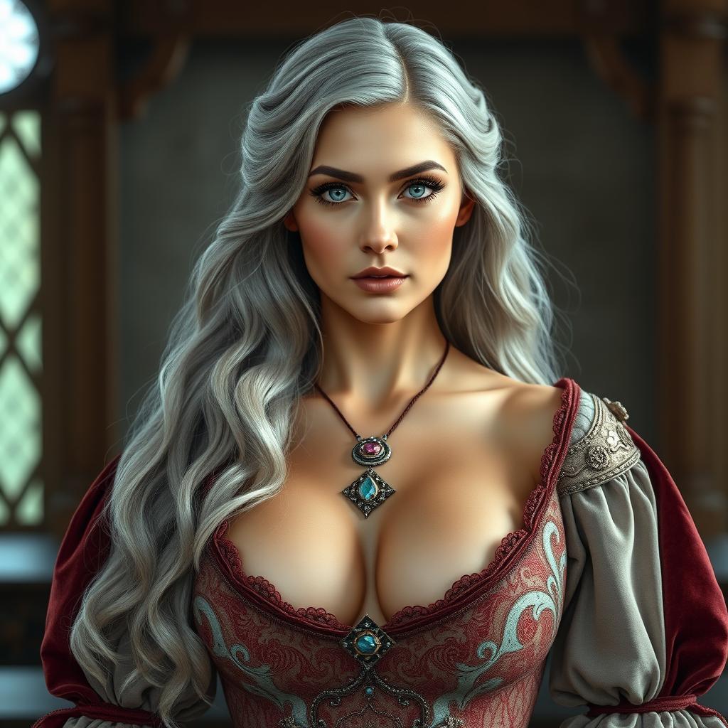 A busty beautiful slender European elegant woman with very large tender push-upped breasts, long soft layers of ash grey hair, and very bright turquoise eyes
