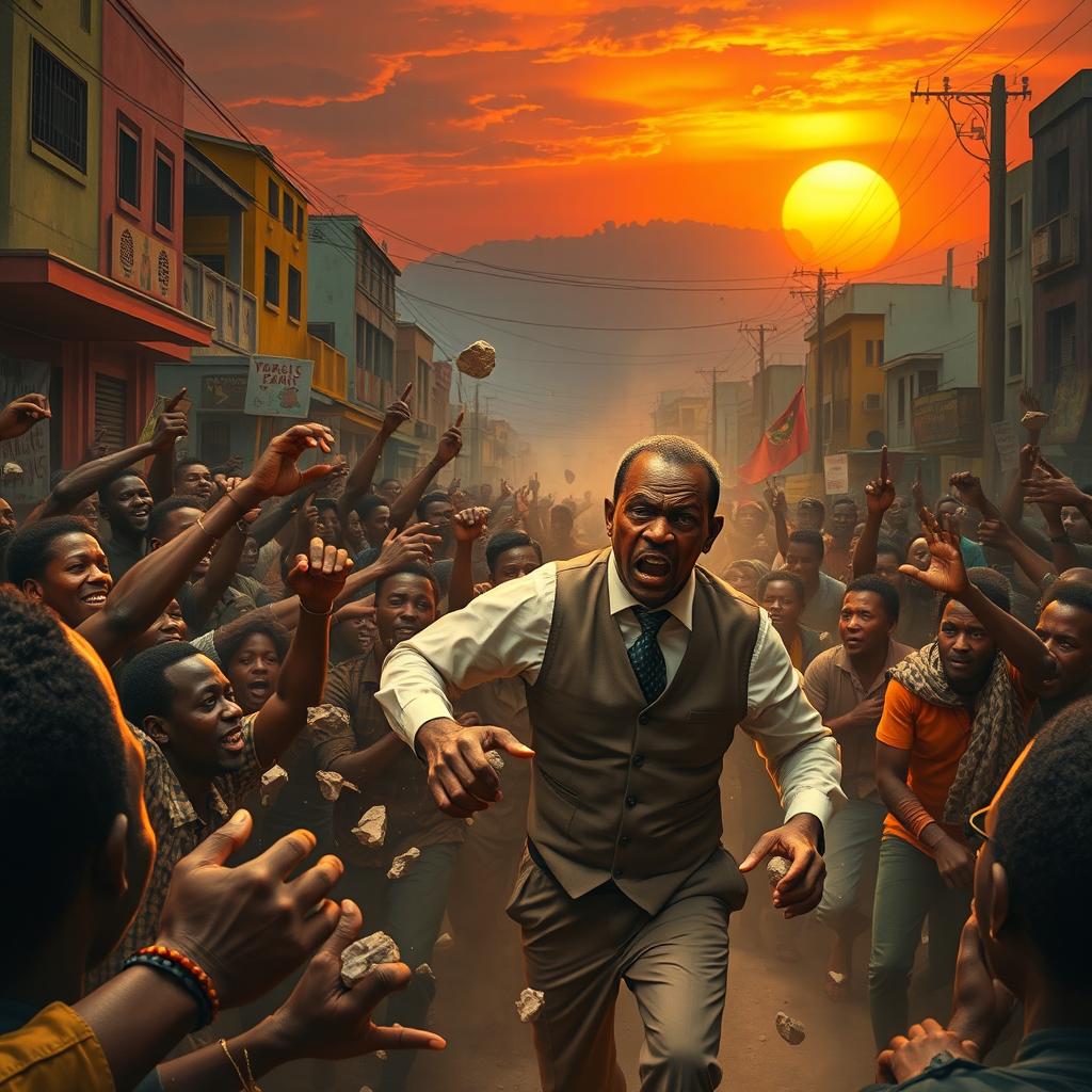 A dramatic scene depicting the fall of a dictator in Africa, showing a crowd of determined people in the streets passionately pursuing the dictator wearing a formal vest