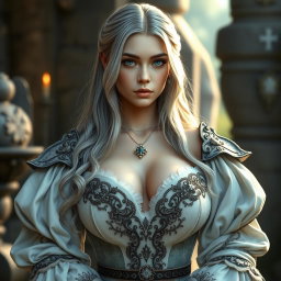 A busty beautiful slender European elegant cleric with very large tender breasts