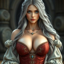A busty beautiful slender European elegant cleric with very large tender breasts