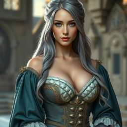 A busty beautiful slender European elegant cleric with very large tender breasts