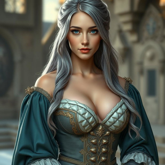A busty beautiful slender European elegant cleric with very large tender breasts