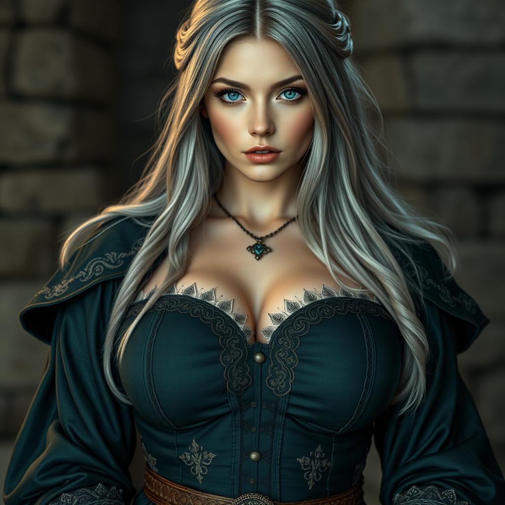 A busty, beautiful, slender European cleric with very large, tender breasts, featuring long soft layers of ash grey hair and strikingly bright turquoise eyes