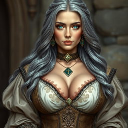 A busty, beautiful, slender European cleric with very large, tender breasts, featuring long soft layers of ash grey hair and strikingly bright turquoise eyes