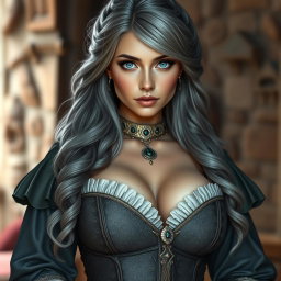 A busty, beautiful, slender European cleric with very large, tender breasts, featuring long soft layers of ash grey hair and strikingly bright turquoise eyes
