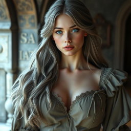 A beautiful, slender European cleric with very large tender breasts, featuring long, soft layers of ash grey hair cascading elegantly down her shoulders