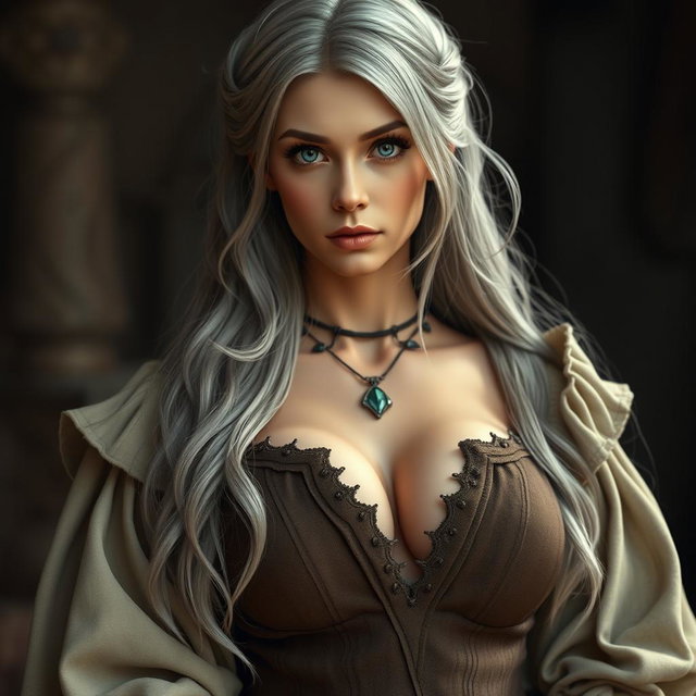 A beautiful, slender European cleric with very large tender breasts, featuring long, soft layers of ash grey hair cascading elegantly down her shoulders