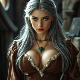 A beautiful, slender European cleric with very large tender breasts, featuring long, soft layers of ash grey hair cascading elegantly down her shoulders
