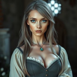 A beautiful slender European cleric with a stunning diamond-shaped face, featuring bright turquoise eyes and long, soft layers of ash grey hair