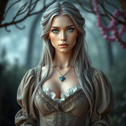 A beautiful slender European cleric with a stunning diamond-shaped face, featuring bright turquoise eyes and long, soft layers of ash grey hair