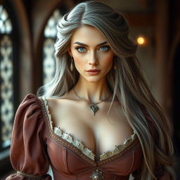 A beautiful slender European cleric with a stunning diamond-shaped face, featuring bright turquoise eyes and long, soft layers of ash grey hair