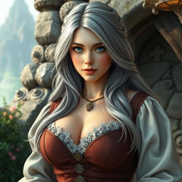 A busty, beautiful, and slender European cleric with a romantic and elegant appearance