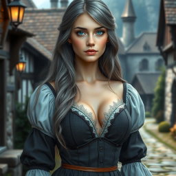 A beautiful slender European cleric with huge tender breasts, long soft layers of ash grey hair, and very bright turquoise eyes