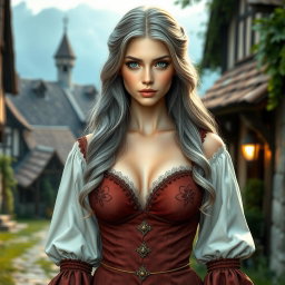 A beautiful slender European cleric with huge tender breasts, long soft layers of ash grey hair, and very bright turquoise eyes