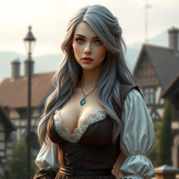 A beautiful slender European cleric with huge tender breasts, long soft layers of ash grey hair, and very bright turquoise eyes