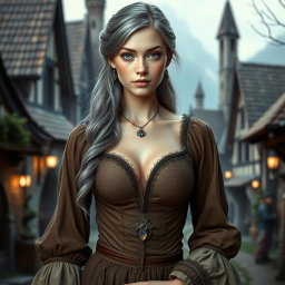 A beautiful slender European cleric with huge tender breasts, long soft layers of ash grey hair, and very bright turquoise eyes