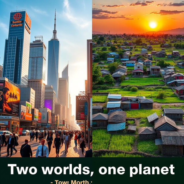A striking juxtaposition of two worlds: on the left, a bustling cityscape of a modern Global North metropolis