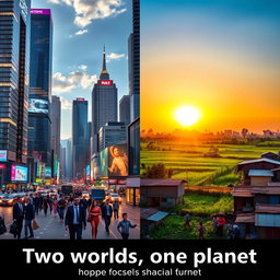 A striking juxtaposition of two worlds: on the left, a bustling cityscape of a modern Global North metropolis