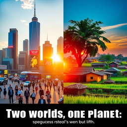 A striking juxtaposition of two worlds: on the left, a bustling cityscape of a modern Global North metropolis