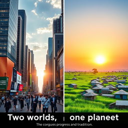 A striking juxtaposition of two worlds: on the left, a bustling cityscape of a modern Global North metropolis