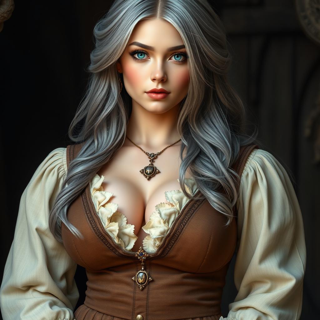 A busty, beautiful, slender European cleric characterized by her very large, tender breasts and long, soft layers of ash grey hair