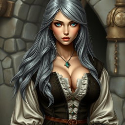 A busty, beautiful, slender European cleric characterized by her very large, tender breasts and long, soft layers of ash grey hair