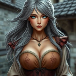 A beautiful, slender European cleric character with large, tender, voluptuous breasts, featuring long, soft layers of ash grey hair flowing gently