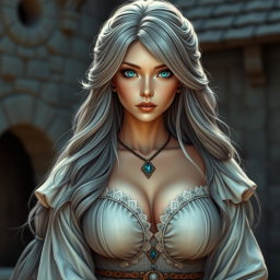 A beautiful, slender European cleric character with large, tender, voluptuous breasts, featuring long, soft layers of ash grey hair flowing gently