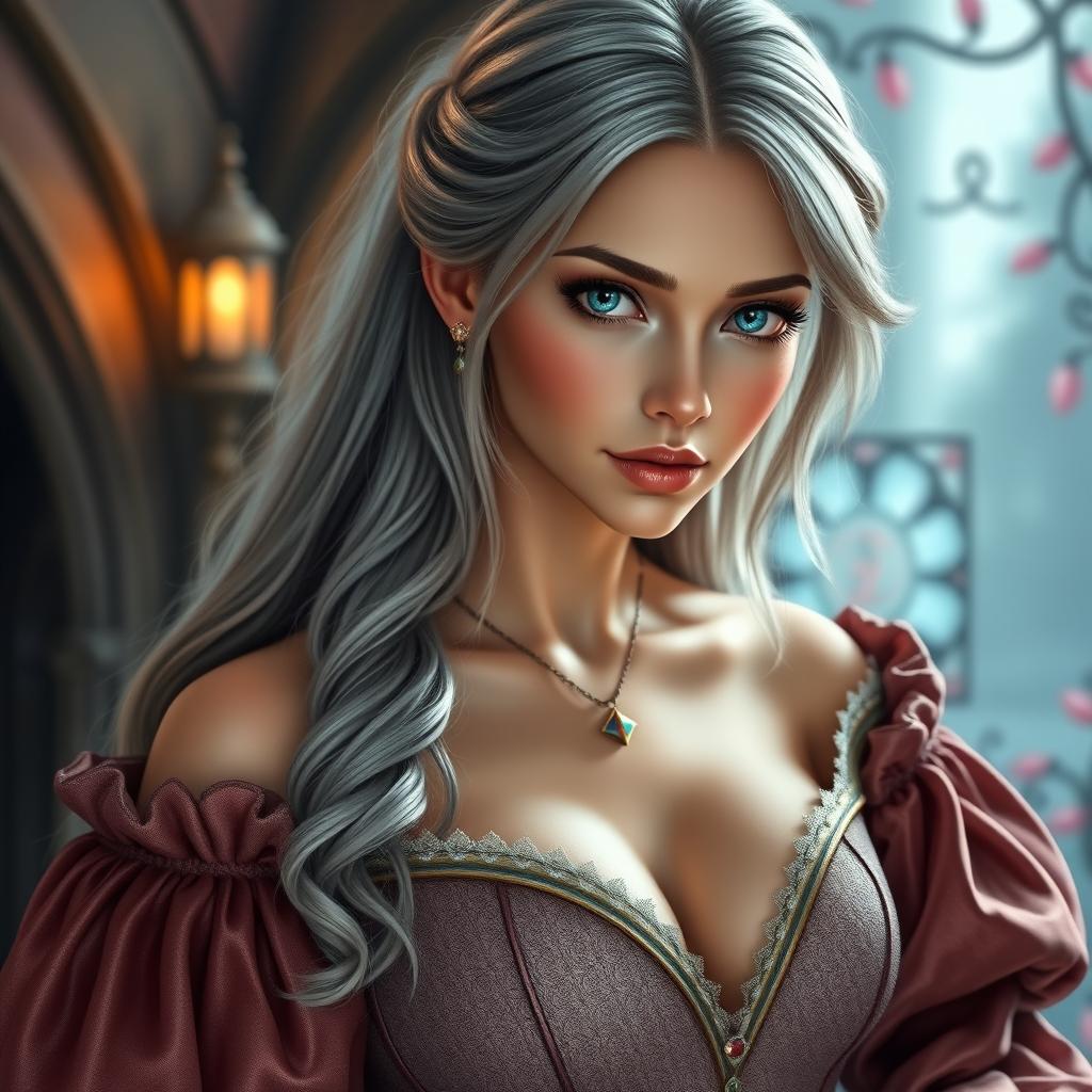 A beautiful, elegant European cleric featuring a slender figure and voluptuous bust, showcasing her generous and tender breasts