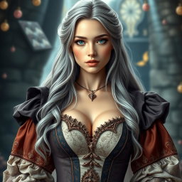 A beautiful, elegant European cleric featuring a slender figure and voluptuous bust, showcasing her generous and tender breasts