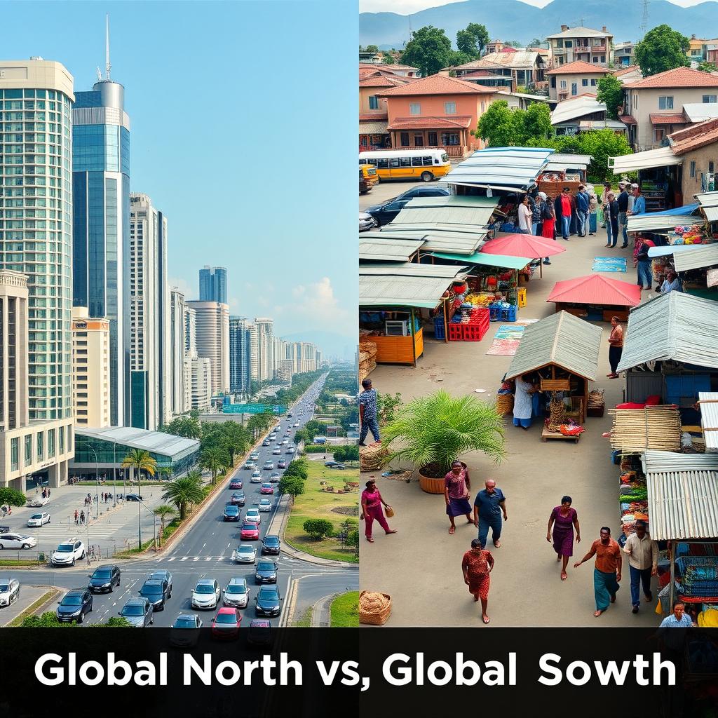 A split image showcasing the dichotomy between the Global North and Global South