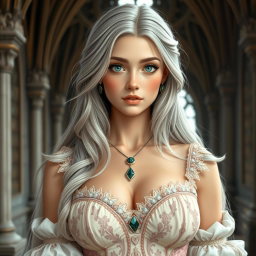A busty, beautiful, slender European cleric with very large, tender breasts