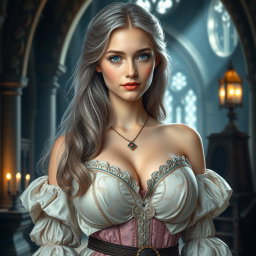 A busty, beautiful, slender European cleric with very large, tender breasts
