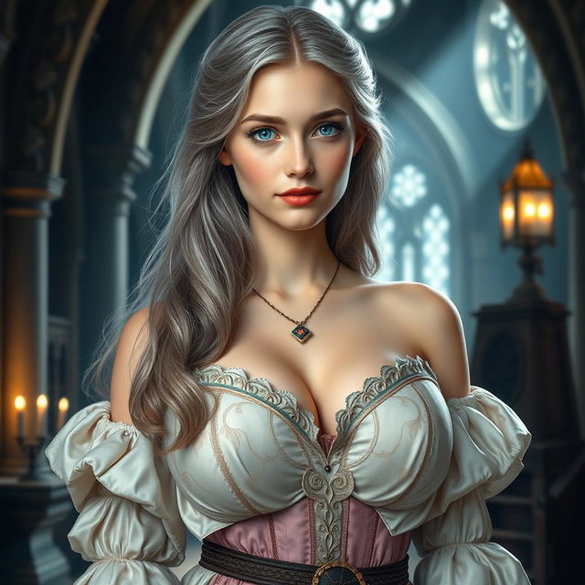 A busty, beautiful, slender European cleric with very large, tender breasts
