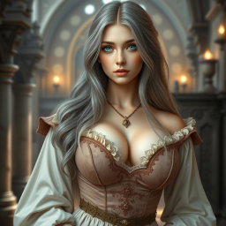 A busty, beautiful, slender European cleric with very large, tender breasts