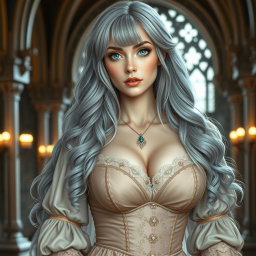 A busty, beautiful, slender European cleric with very large, tender breasts