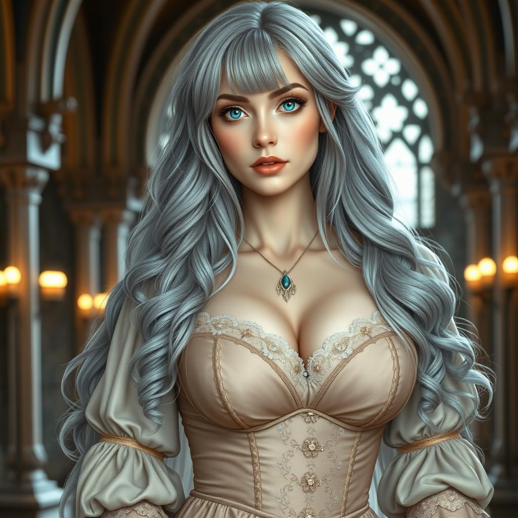 A busty, beautiful, slender European cleric with very large, tender breasts