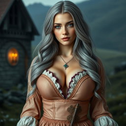 A busty, beautiful, slender European cleric with tender round enormous breasts, long soft layers of ash grey hair cascading elegantly