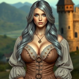 A busty, beautiful, slender European cleric with tender round enormous breasts, long soft layers of ash grey hair cascading elegantly