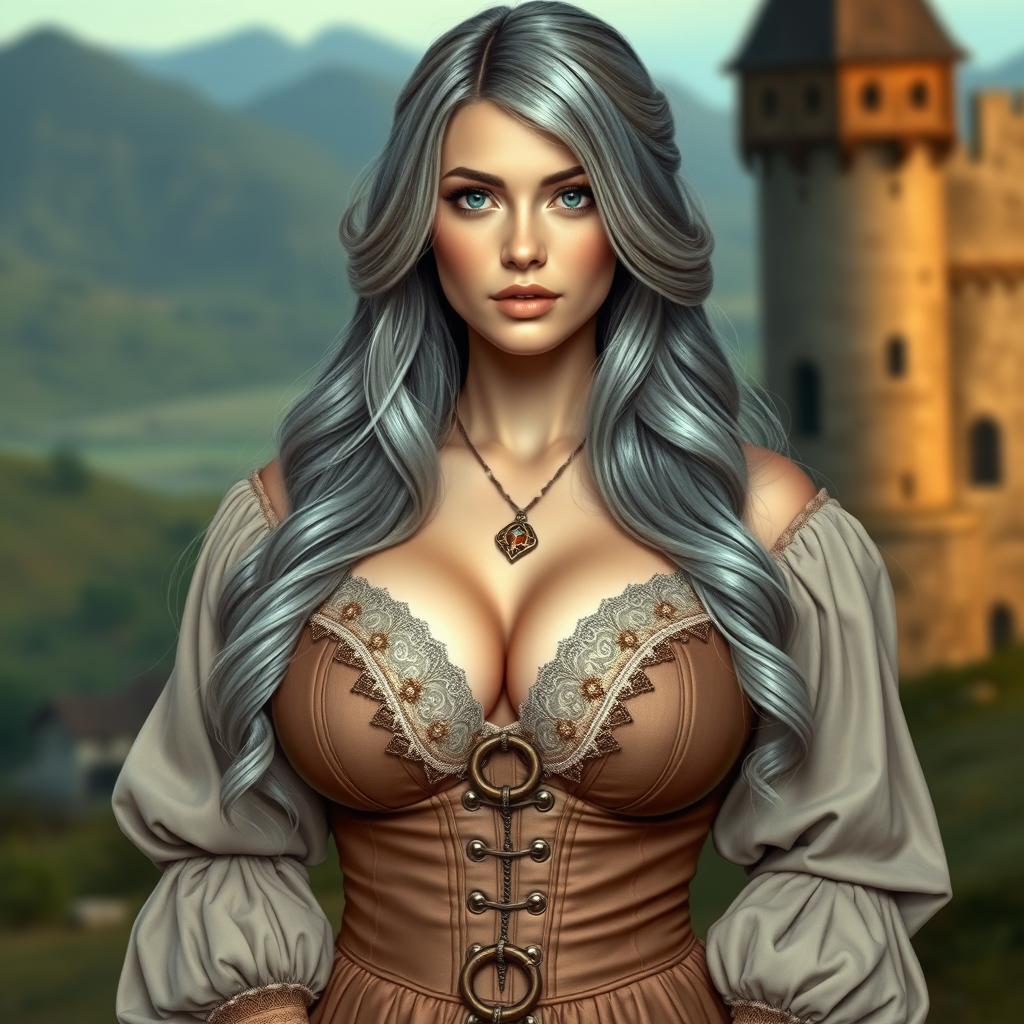 A busty, beautiful, slender European cleric with tender round enormous breasts, long soft layers of ash grey hair cascading elegantly