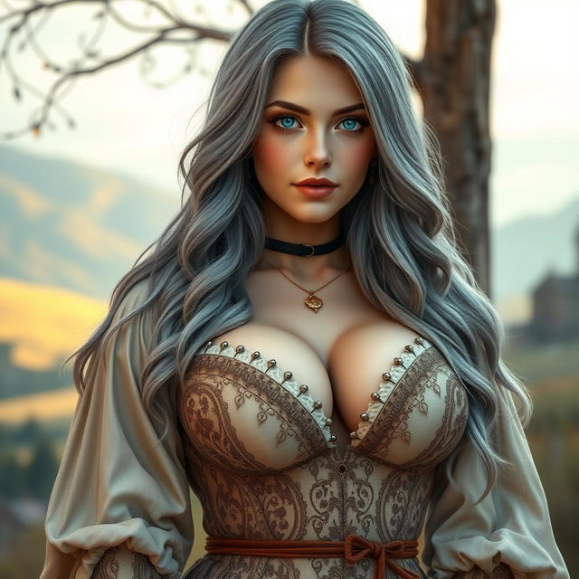 A busty, beautiful, slender European cleric with tender round enormous breasts, long soft layers of ash grey hair cascading elegantly
