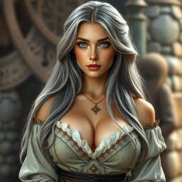 A stunningly beautiful slender European cleric with tender, round, enormous breasts, elegantly dressed in a pretty medieval outfit that features deep cleavage and large bust cups