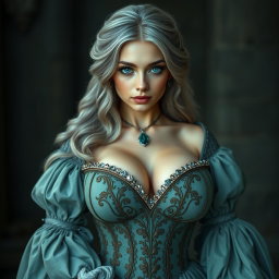 A beautiful and elegant European cleric with a slender figure, showcasing tender round enormous breasts