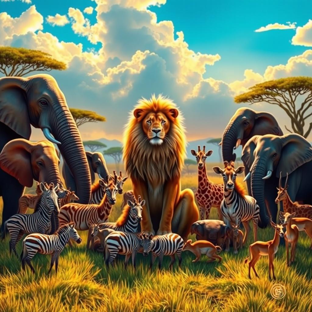 A vibrant scene depicting animals gathered in a circle around a majestic lion in the African savannah