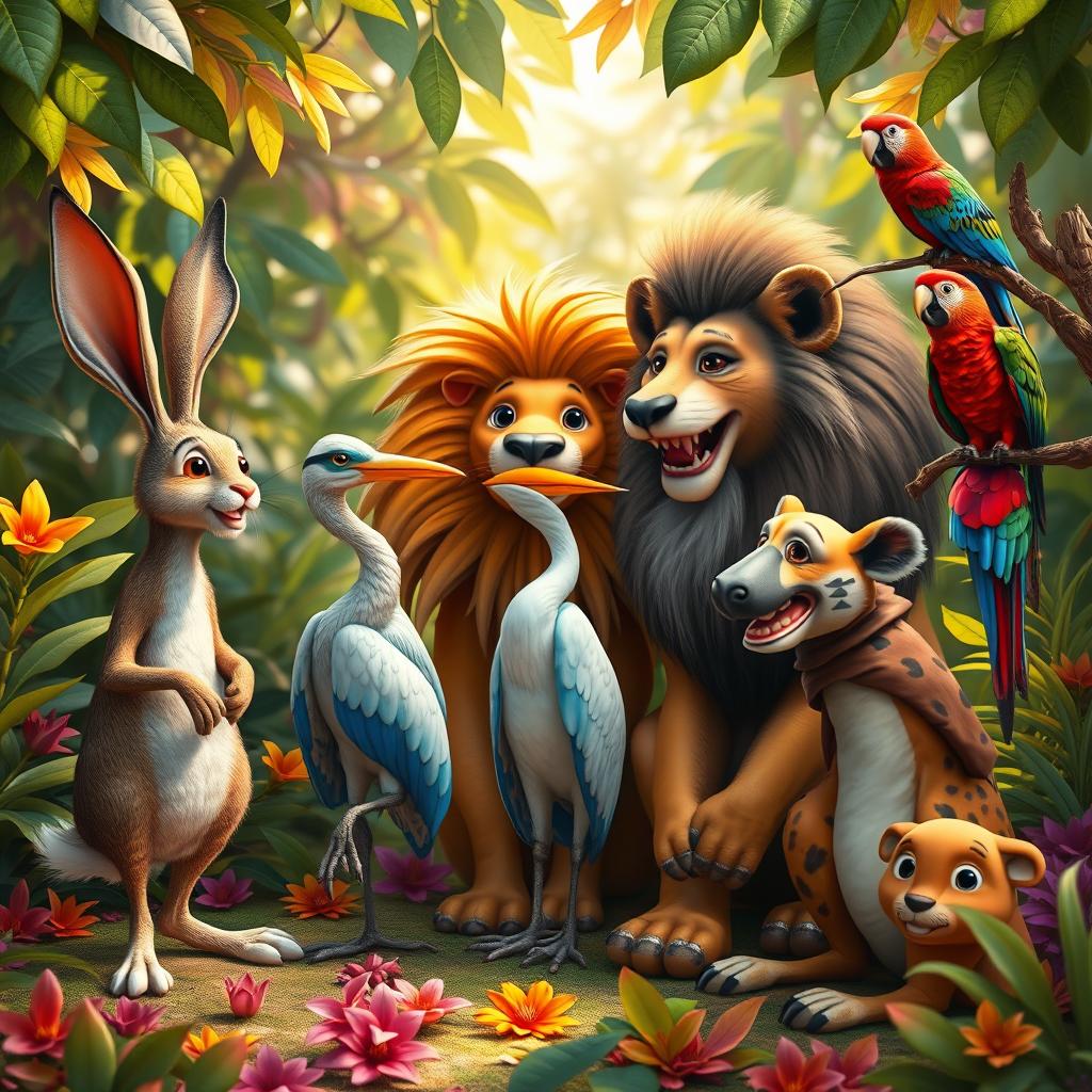 A whimsical tableau depicting a lively conversation among a hare, a heron, a lion, a hyena, and a parrot