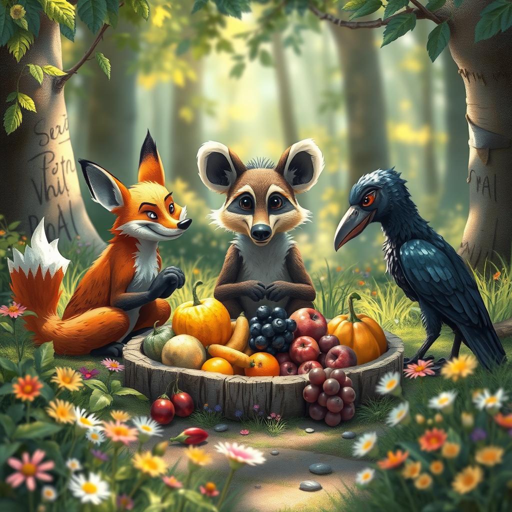 A whimsical scene depicting a clever fox, a sly hyena, and a wise crow gathered in a forest clearing, engaged in a lively debate, judging a colorful array of fruits laid out before them