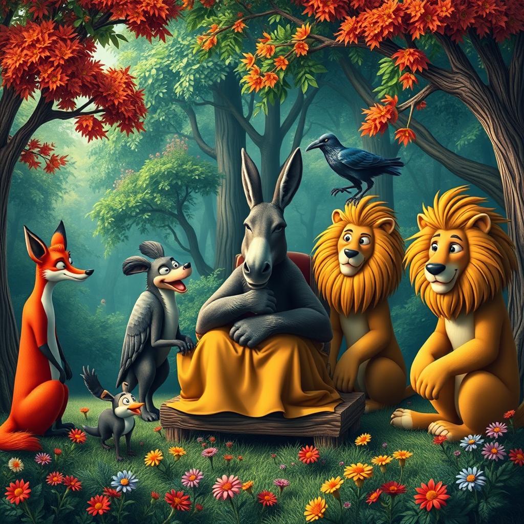A whimsical and imaginative scene featuring a fox, a hyena, a crow, and a lion, all gathered around an old donkey who is playing the role of a judge